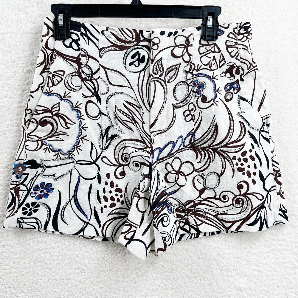 Zara Beaded Cream Cotton Beaded Floral Shorts Size M/ S